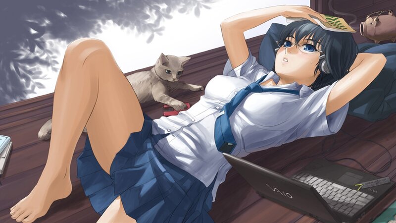 Anime girl relaxing with cat