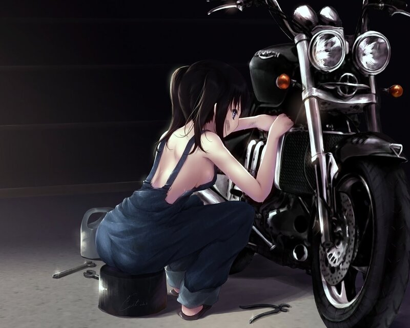anime girl repairing motorcycle