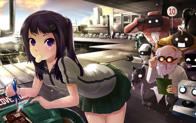 Anime Girl Repairing Robot — Purple