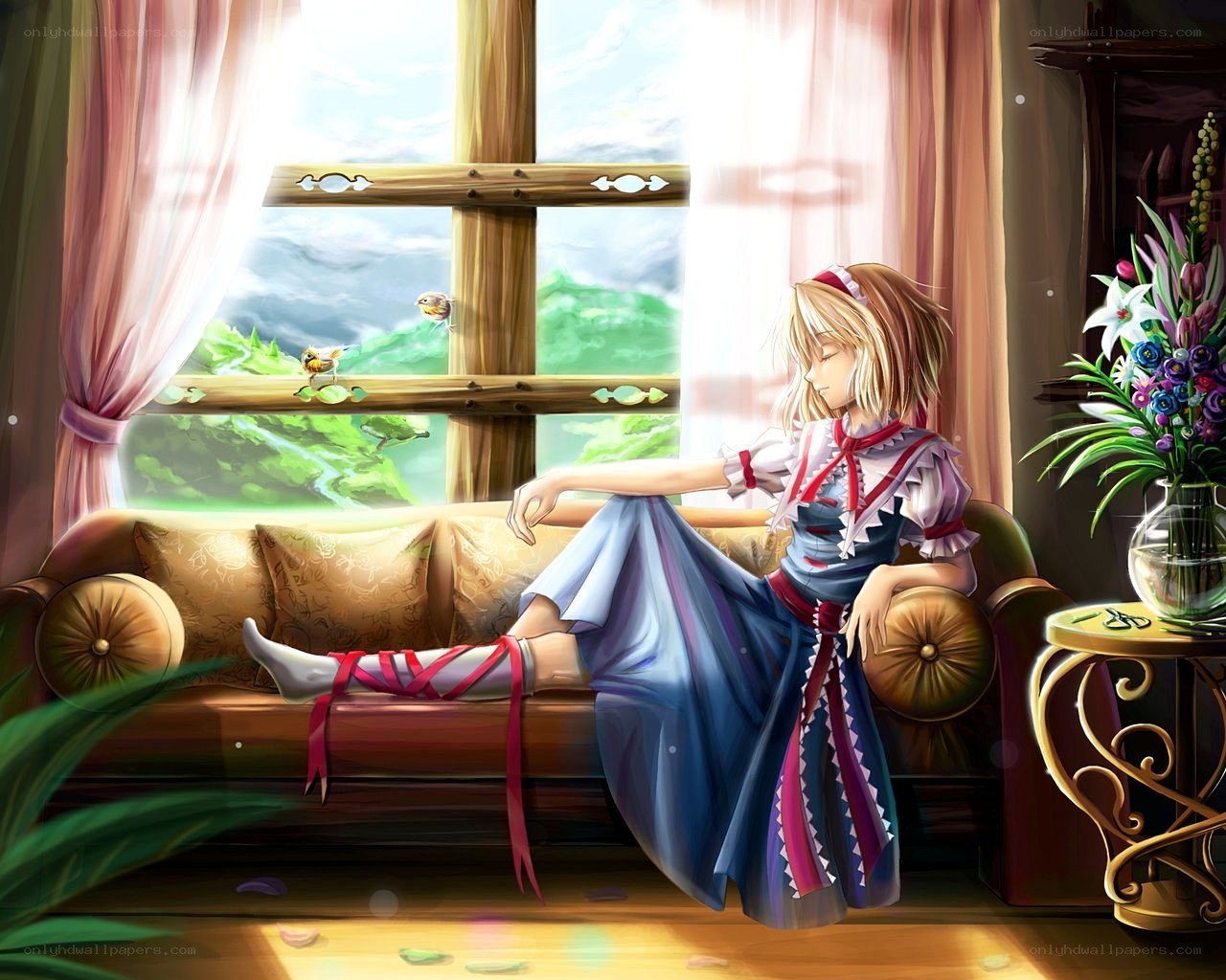 Anime girl resting by window