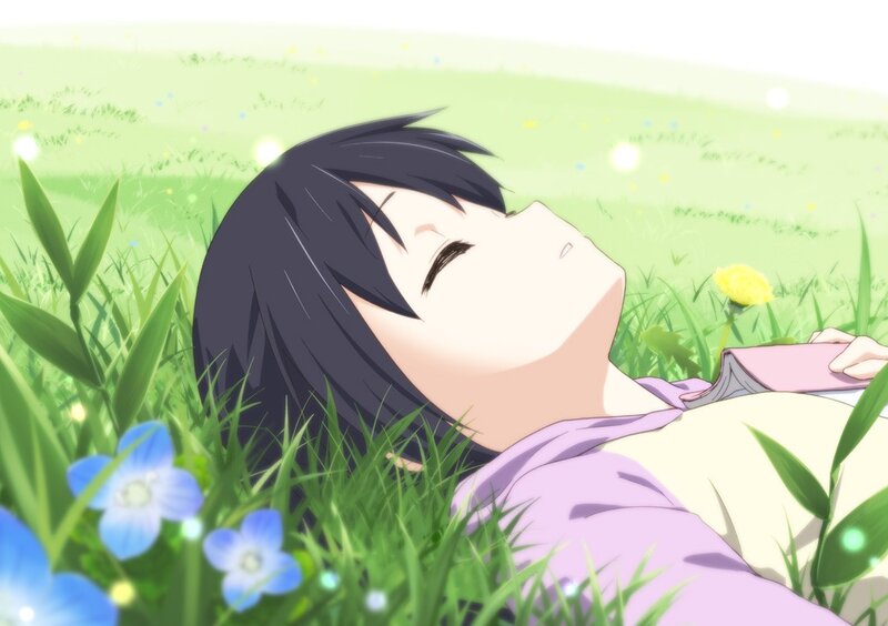 Anime girl resting in a field