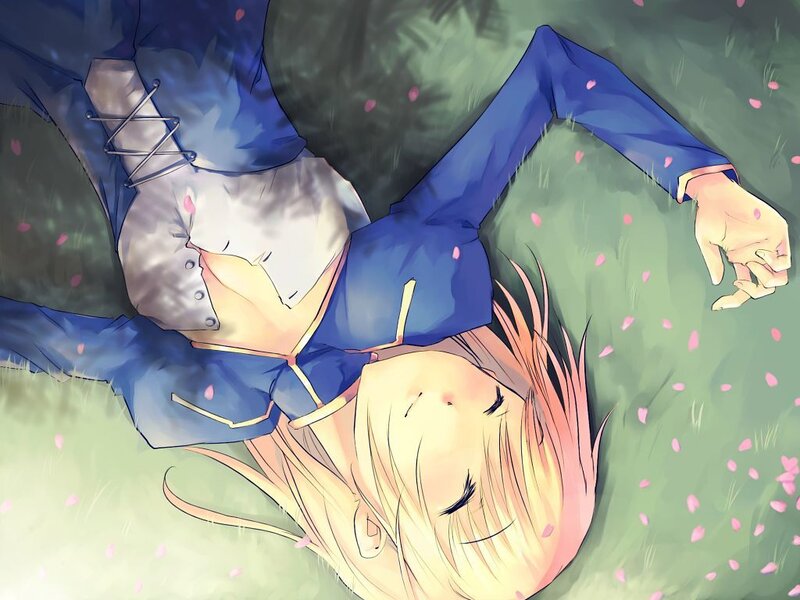 anime girl resting on grass