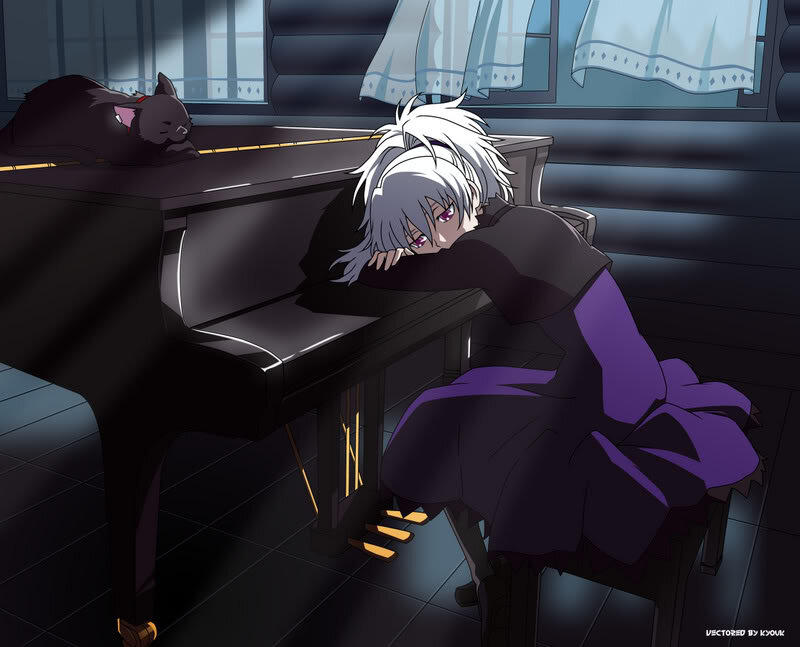 anime girl resting on piano