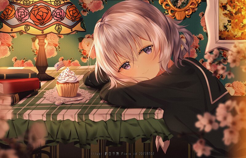 Anime Girl Resting on Table — Green