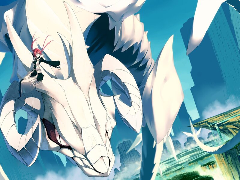 Anime girl riding a white dragon