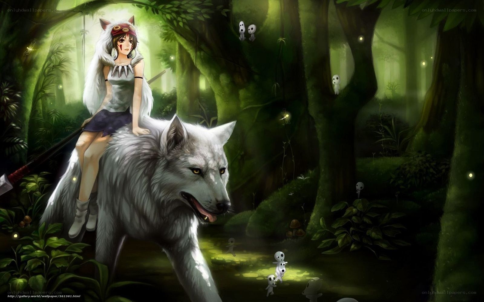Anime girl riding wolf in forest