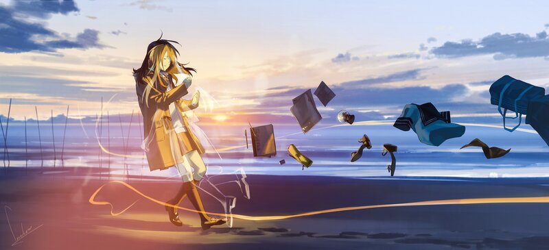 Anime Girl Running — Blue, Dramatic, Sunset