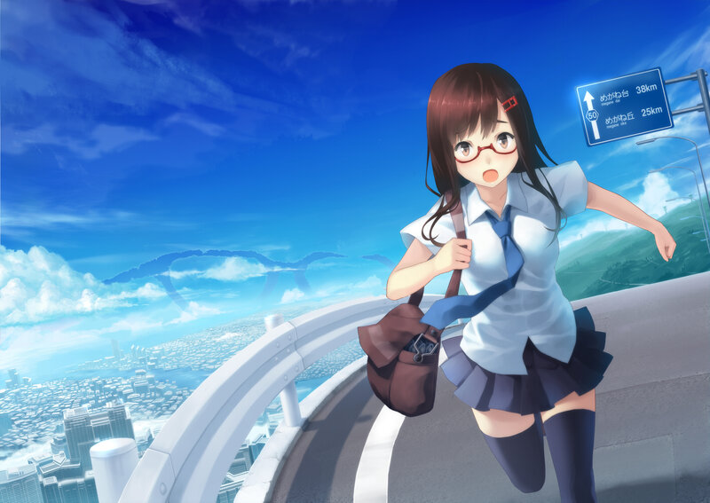 Anime Girl Running — Blue, Dynamic, Afternoon