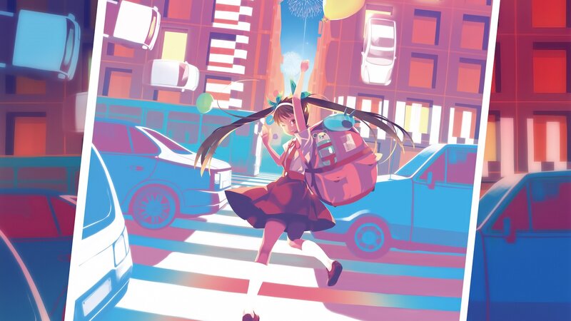 Anime Girl Running — Blue, Energetic, Afternoon