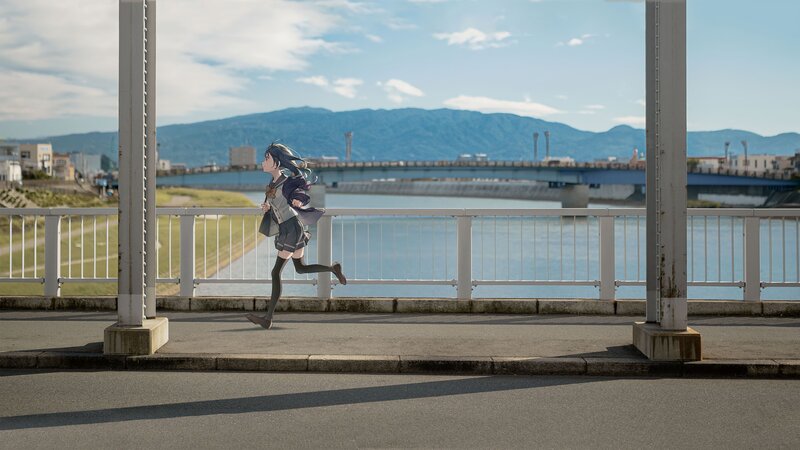 Anime Girl Running — Blue, Serene, Afternoon