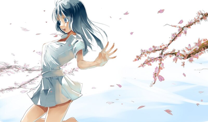 anime girl running in cherry blossoms