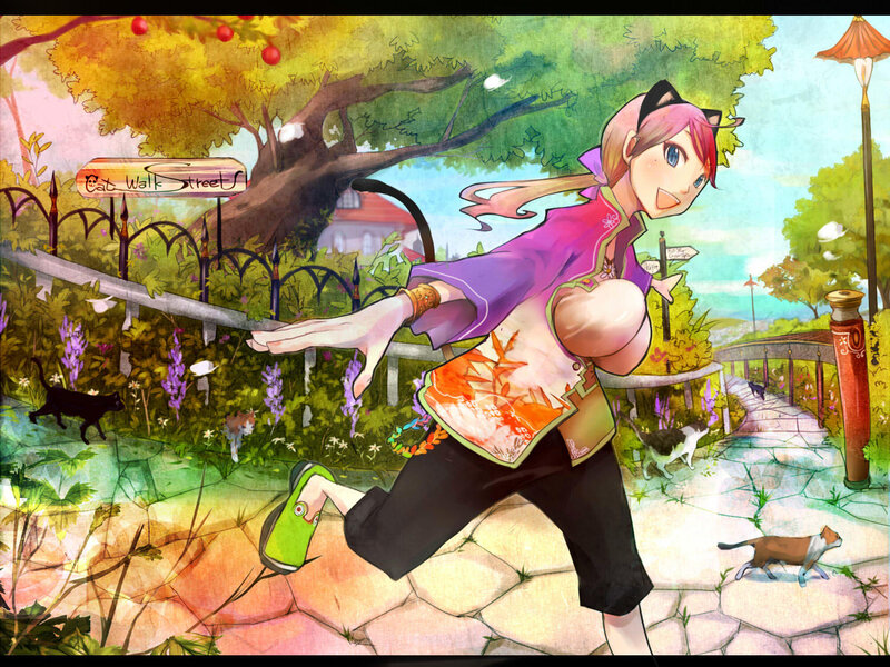 Anime girl running in garden