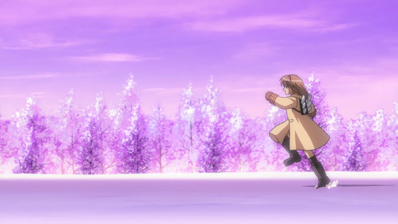 anime girl running in purple forest