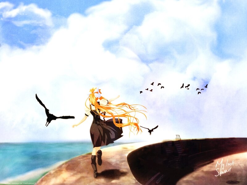 Anime Girl Running on Beach — Blue, Serene