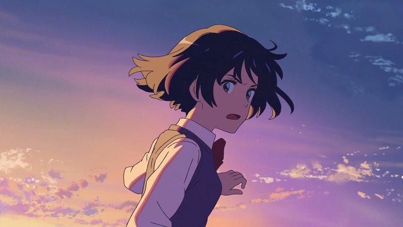Anime Girl Running — Purple, Dramatic, Sunset