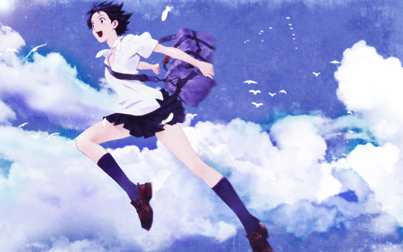 anime girl running through clouds