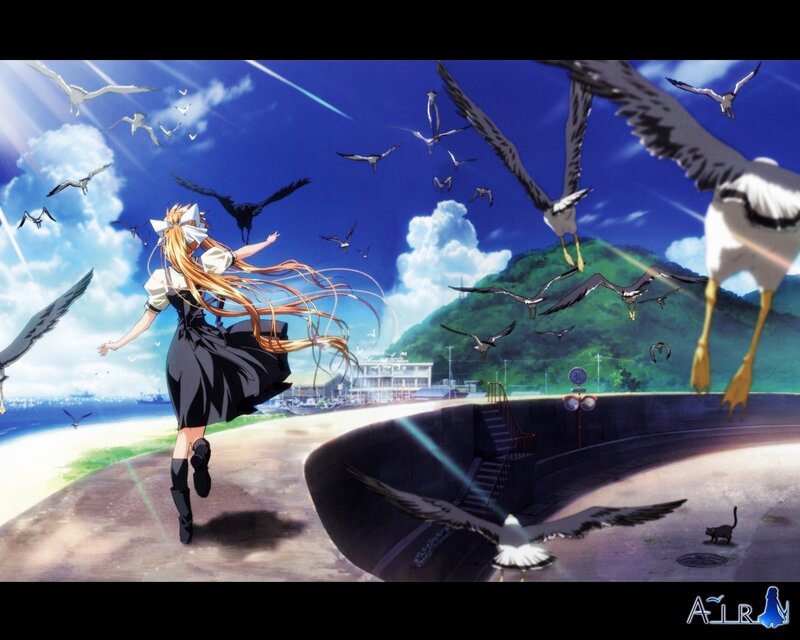 Anime girl running with seagulls
