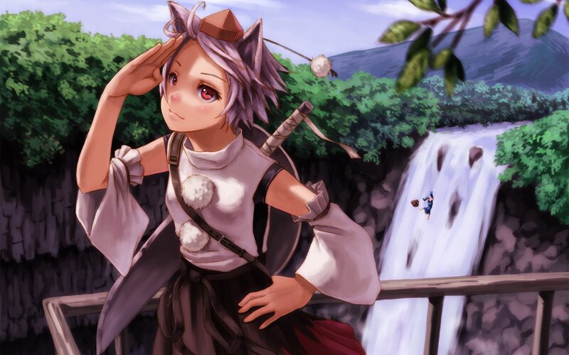 anime girl saluting by waterfall