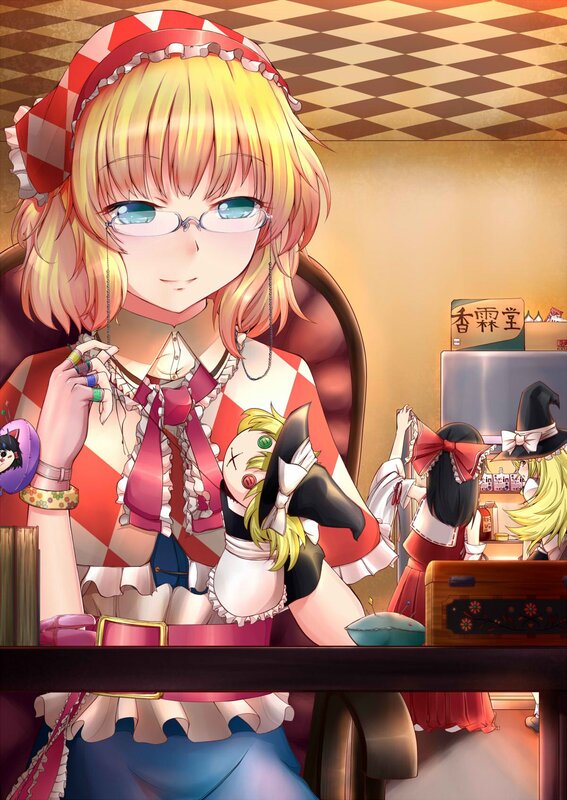Anime girl sewing at a table