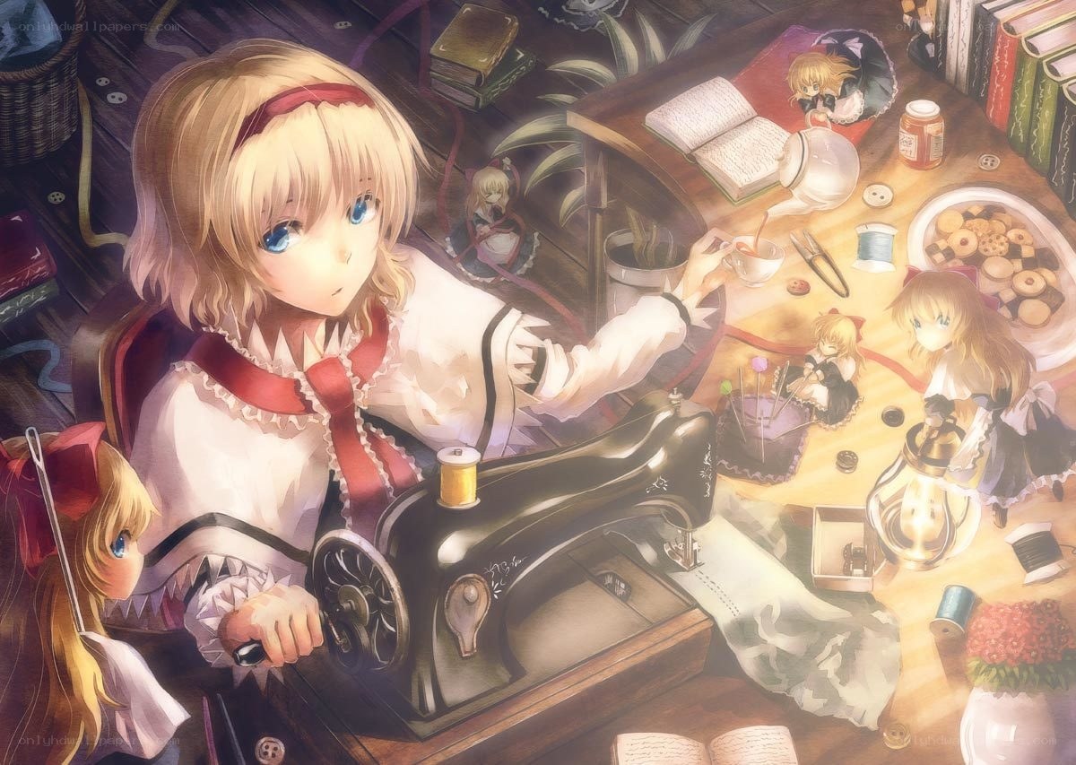 anime girl sewing at table
