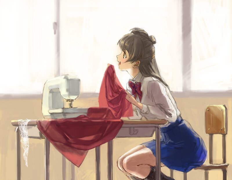 Anime Girl Sewing — Red