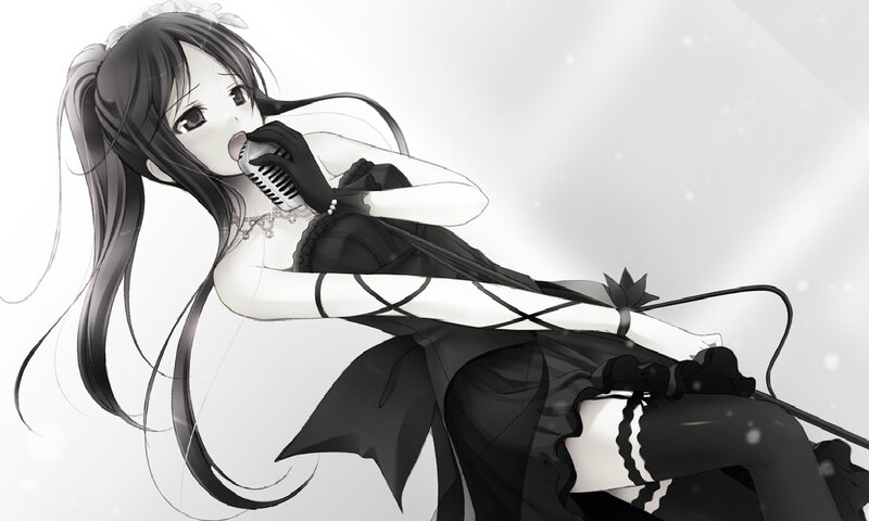 Anime Girl Singing — Black, Dramatic, Digital Art, Microphone, Gloves
