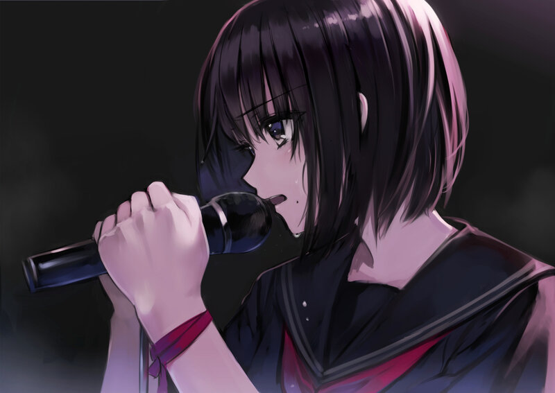 Anime Girl Singing — Black, Dramatic, Digital Art, Microphone, Sailor Uniform