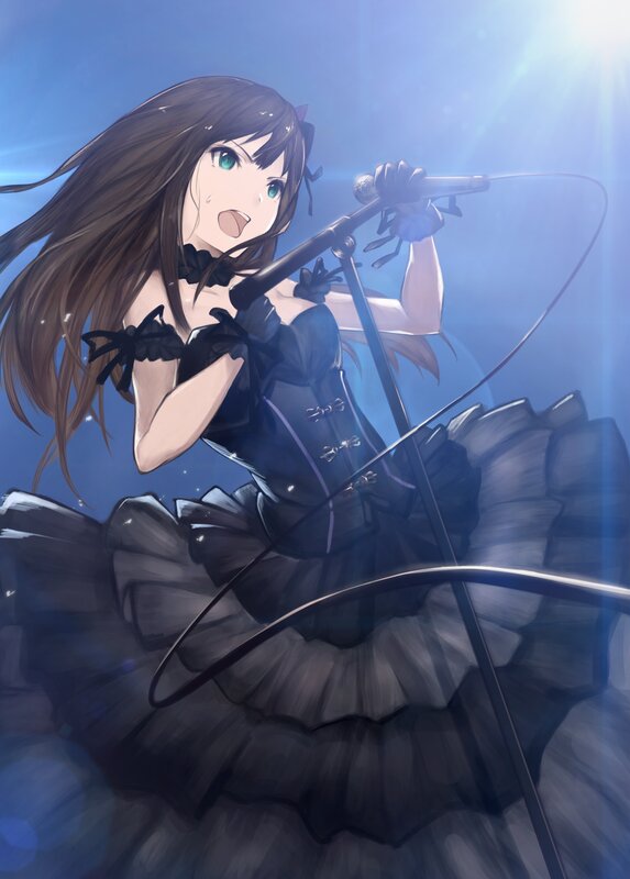 Anime Girl Singing — Blue, Dramatic, Digital Art, Microphone, Stage Light