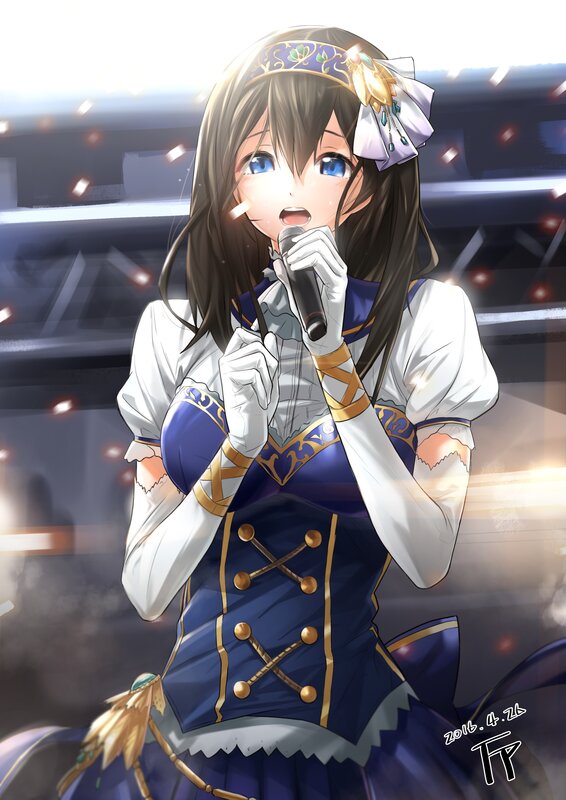 Anime Girl Singing — Blue, Dramatic, Digital Art, Microphone, Stage Lights