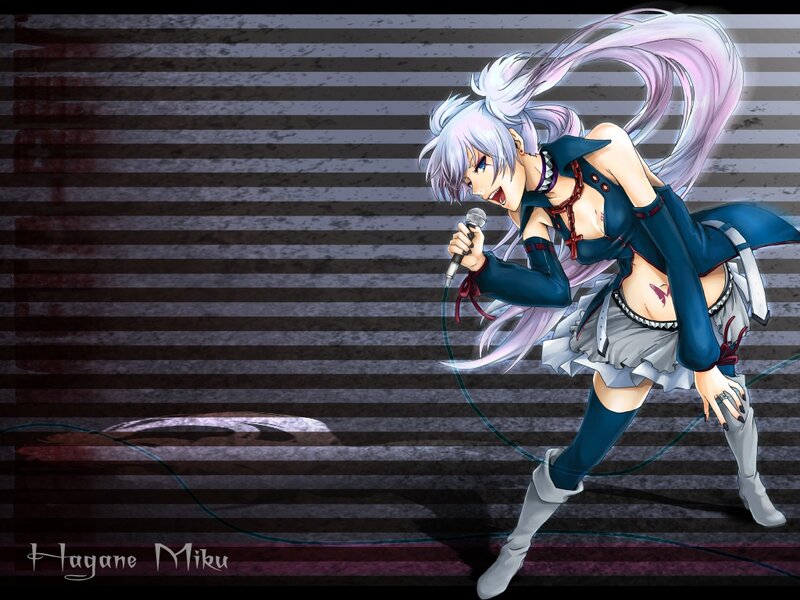 Anime Girl Singing — Blue, Dynamic, Microphone, Striped Background