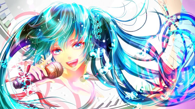 Anime Girl Singing — Blue, Energetic, Digital Art, Microphone, Hair