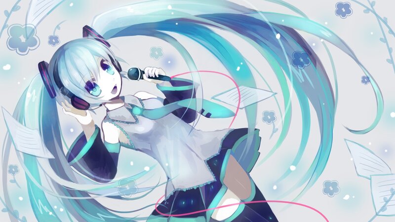Anime Girl Singing — Blue, Energetic, Digital Art, Microphone, Headphones, Flowers