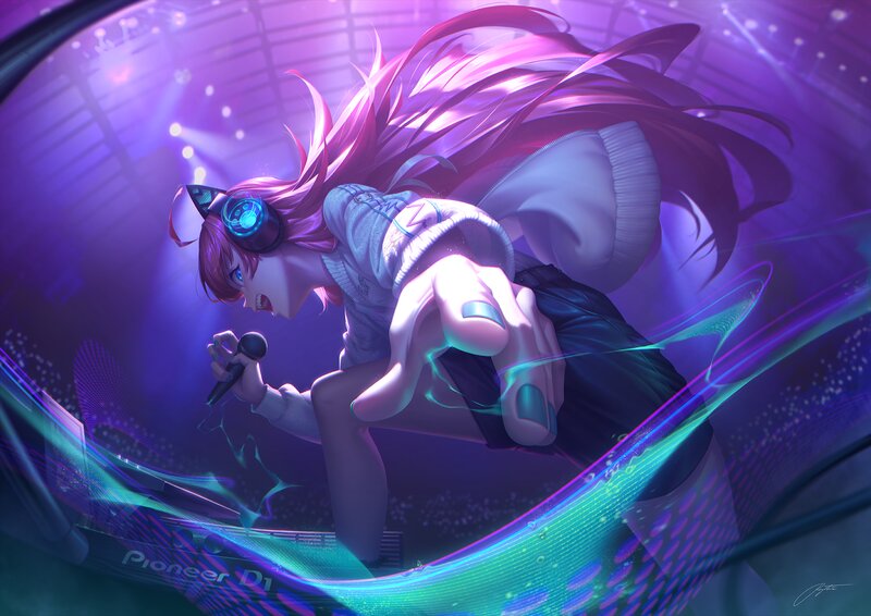 Anime Girl Singing on Stage — Purple, Energetic, Night, Digital Art, Microphone