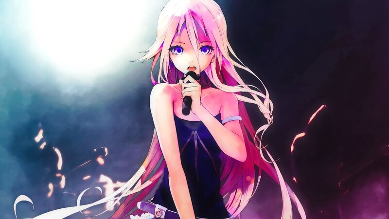 Anime Girl Singing — Pink, Dramatic, Digital Art, Microphone, Stage Lights