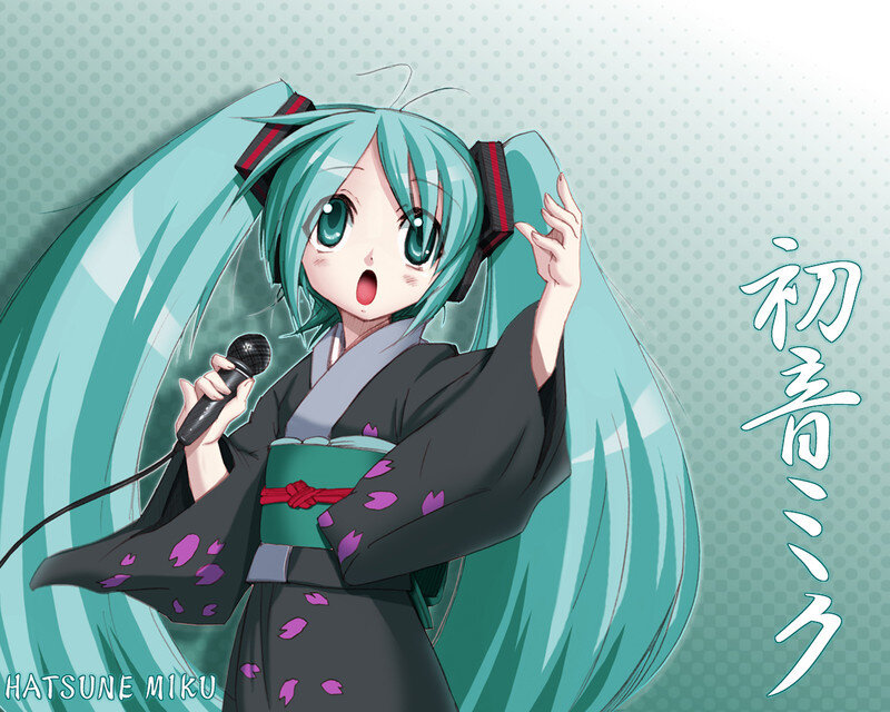 Anime Girl Singing — Teal, Energetic, Microphone, Kimono