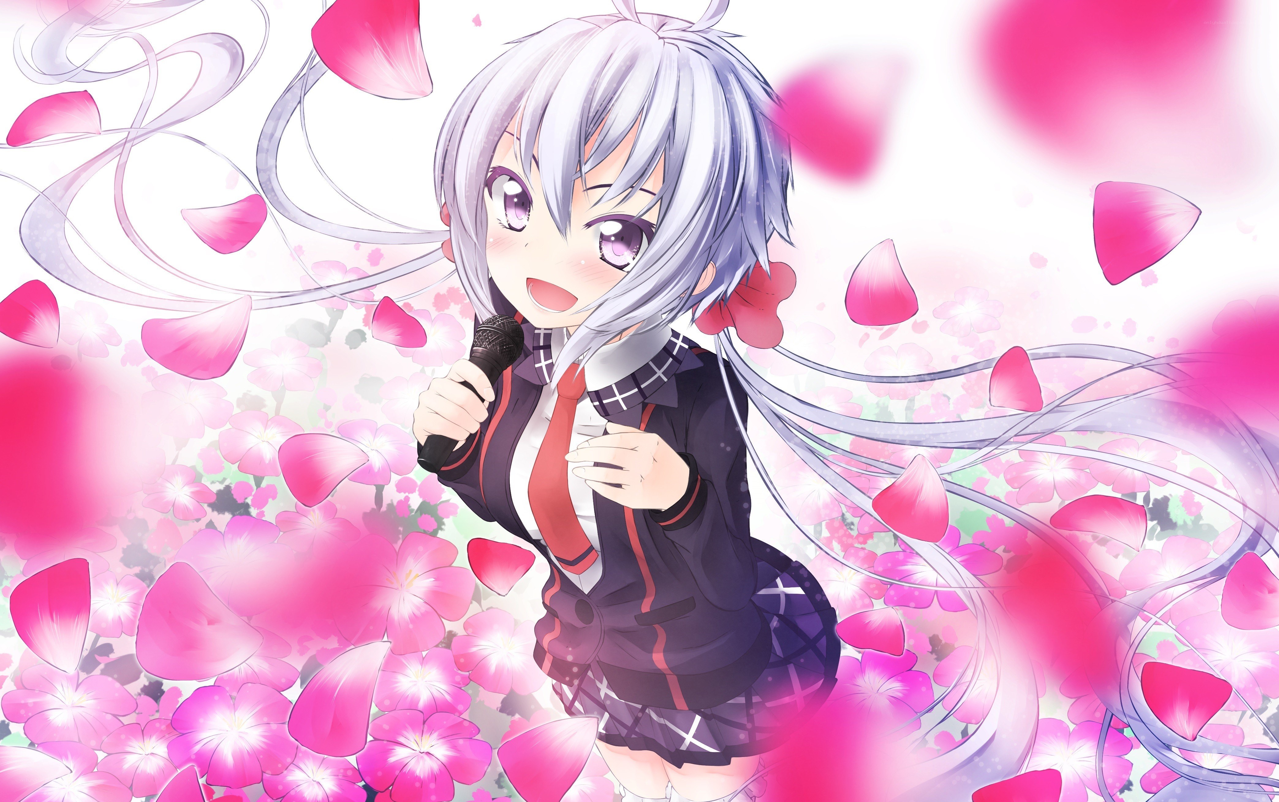 anime girl singing with petals