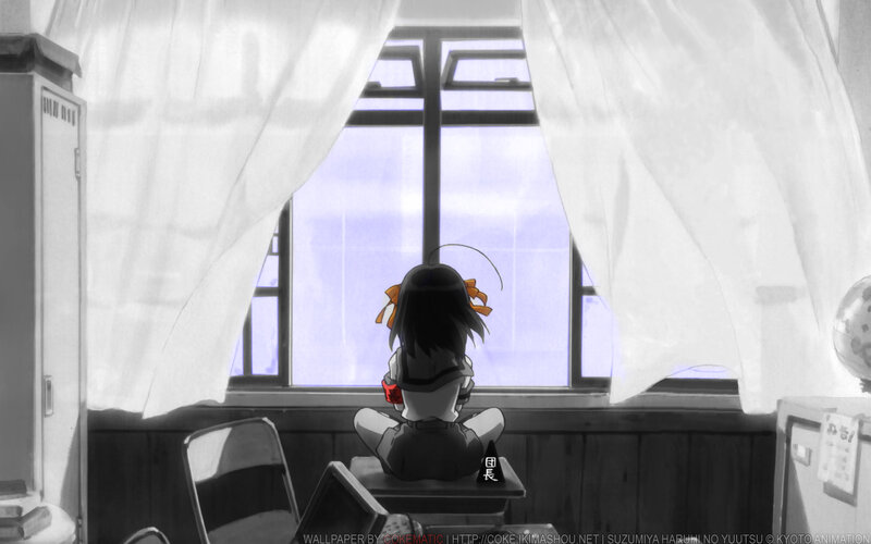 Anime Girl Sitting at Desk — Black