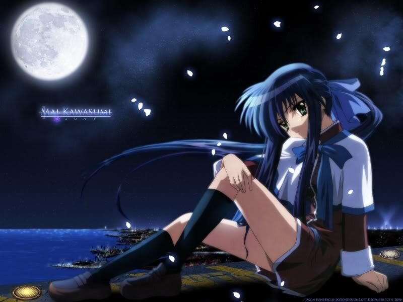 Anime Girl Sitting at Night — Blue, Serene