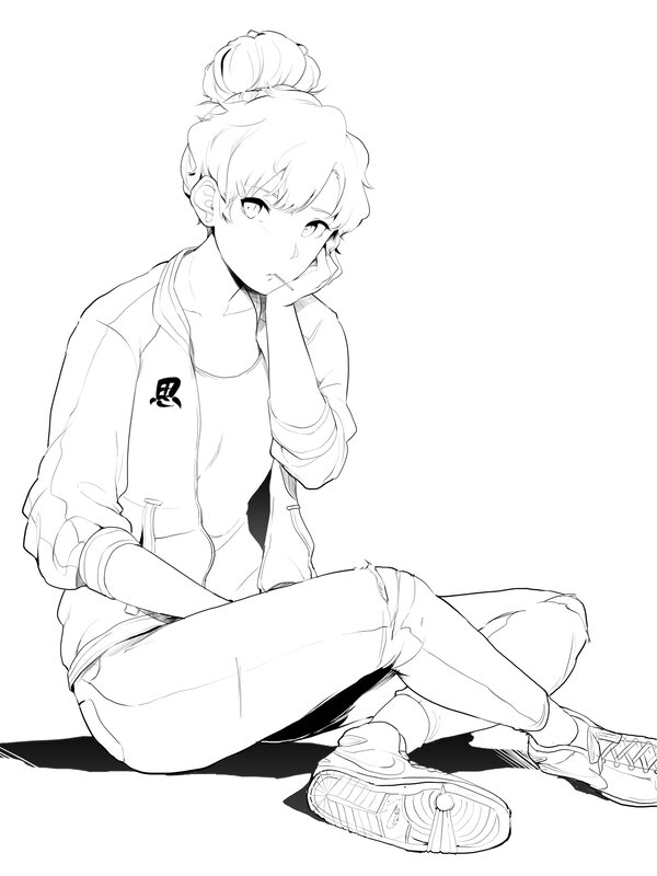 Anime Girl Sitting — Black, Contemplative