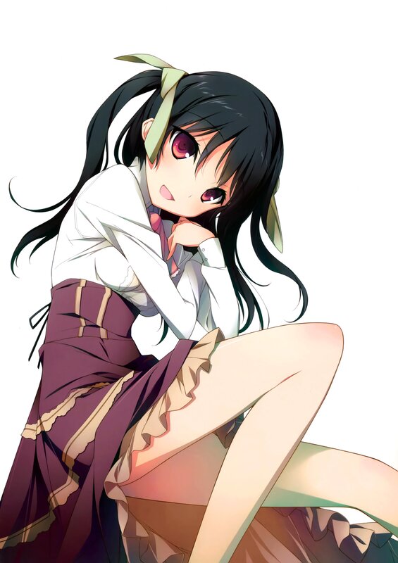 Anime Girl Sitting — Black, Playful, School Uniform