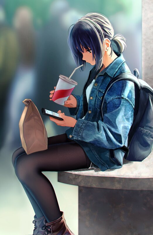 Anime Girl Sitting — Blue, Calm, Afternoon, Digital Art