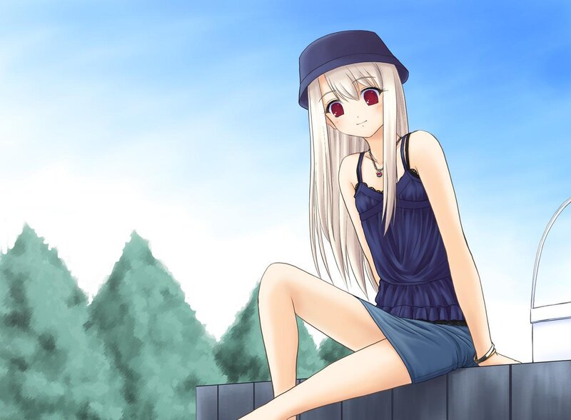 Anime Girl Sitting — Blue, Calm, Afternoon, Hat