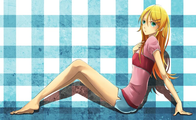 Anime Girl Sitting — Blue, Calm, Checkered Background