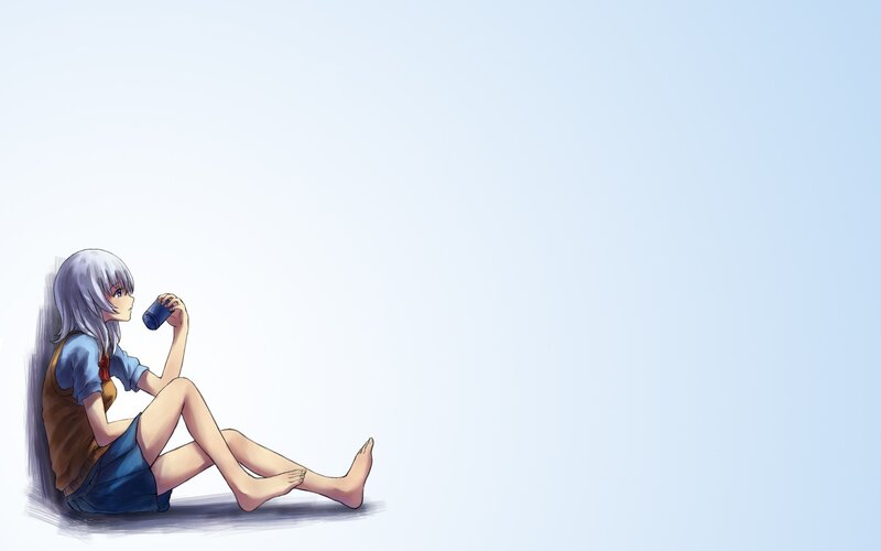 Anime Girl Sitting — Blue, Calm, Cup