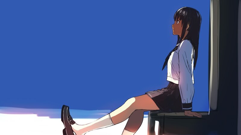 Anime Girl Sitting — Blue, Calm, Night
