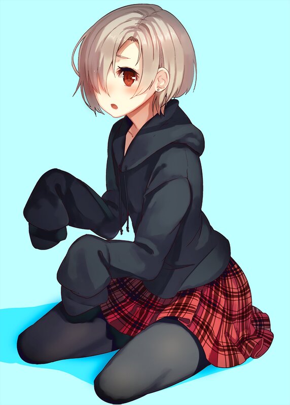 Anime Girl Sitting — Blue, Calm, Plaid Skirt