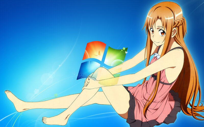 Anime Girl Sitting — Blue, Calm, Windows Logo