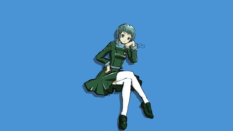 Anime Girl Sitting — Blue, Neutral, Green Coat