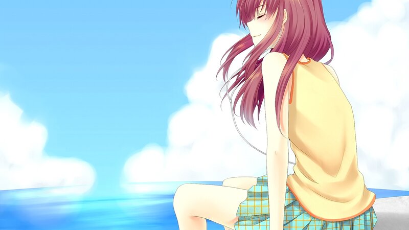 Anime Girl Sitting — Blue, Serene, Afternoon, Clouds