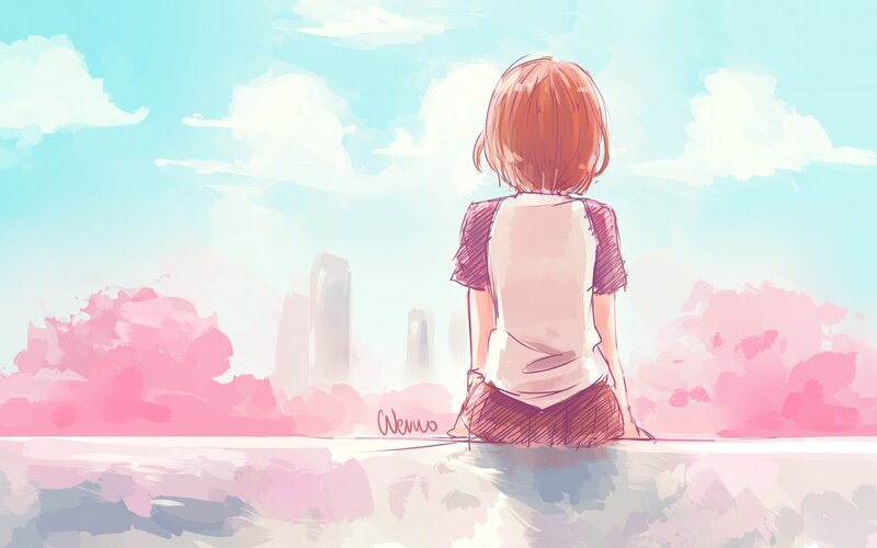 Anime Girl Sitting — Blue, Serene, Afternoon, Digital Art